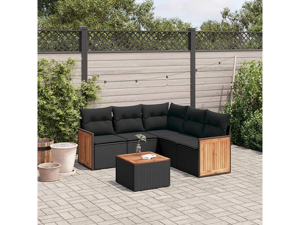 6-delige Loungeset met kussens poly rattan zwart