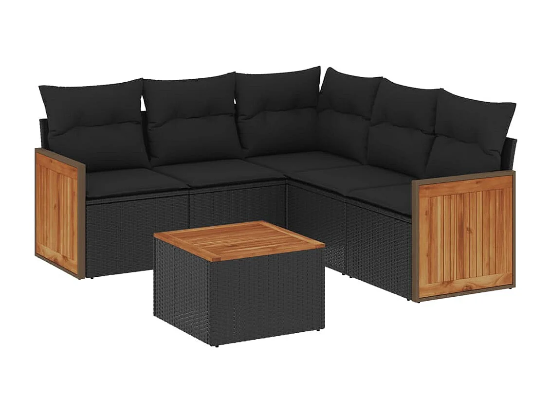 6-delige Loungeset met kussens poly rattan zwart