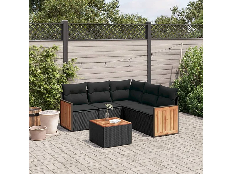 6-delige Loungeset met kussens poly rattan zwart