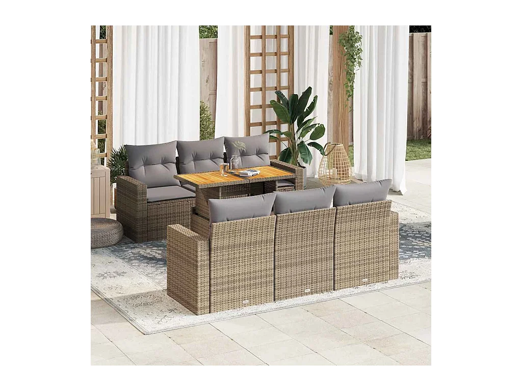 7-delige Loungeset met kussens poly rattan beige