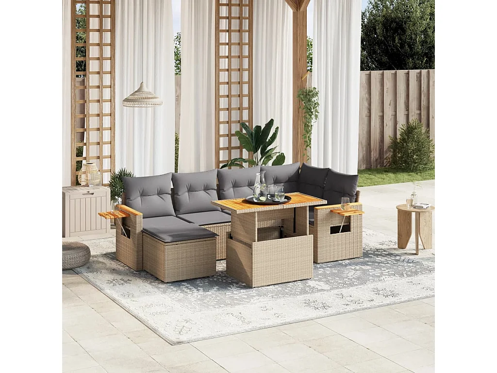 Salon de jardin avec coussins 7 pièces beige résine tressée