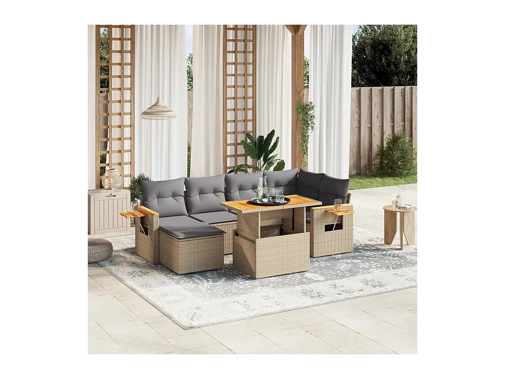 Salon de jardin avec coussins 7 pièces beige résine tressée