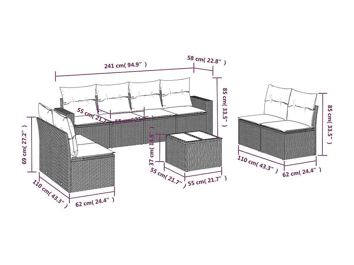 Salon de jardin avec coussins 9 pièces marron résine tressée