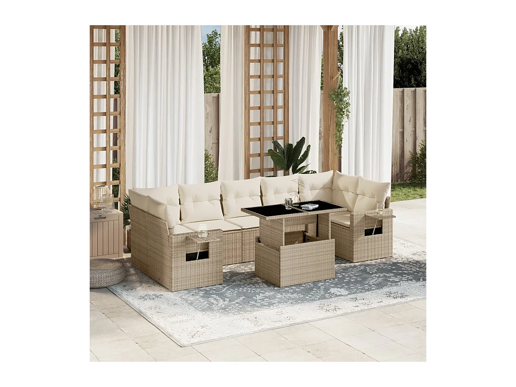 8-delige Loungeset met kussens poly rattan beige