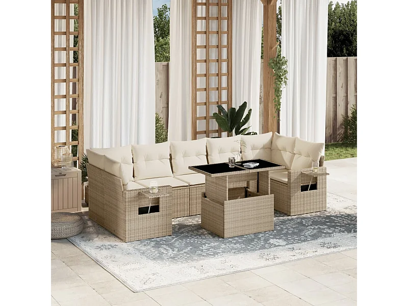 8-delige Loungeset met kussens poly rattan beige