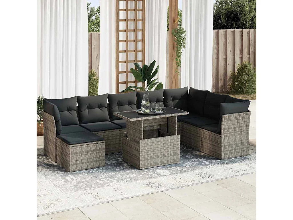 9-delige Loungeset met kussens poly rattan grijs