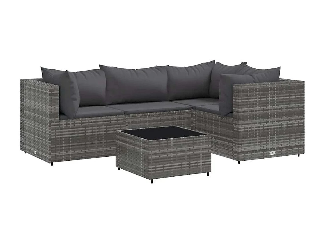 5 peças conjunto lounge de jardim com almofadões vime PE cinzento