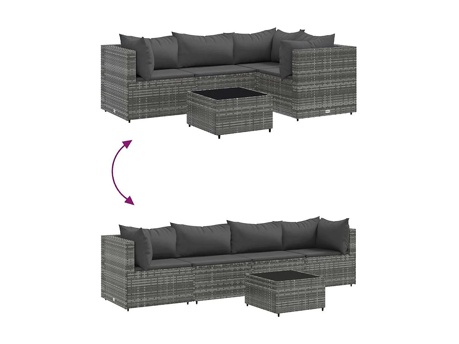 5 peças conjunto lounge de jardim com almofadões vime PE cinzento