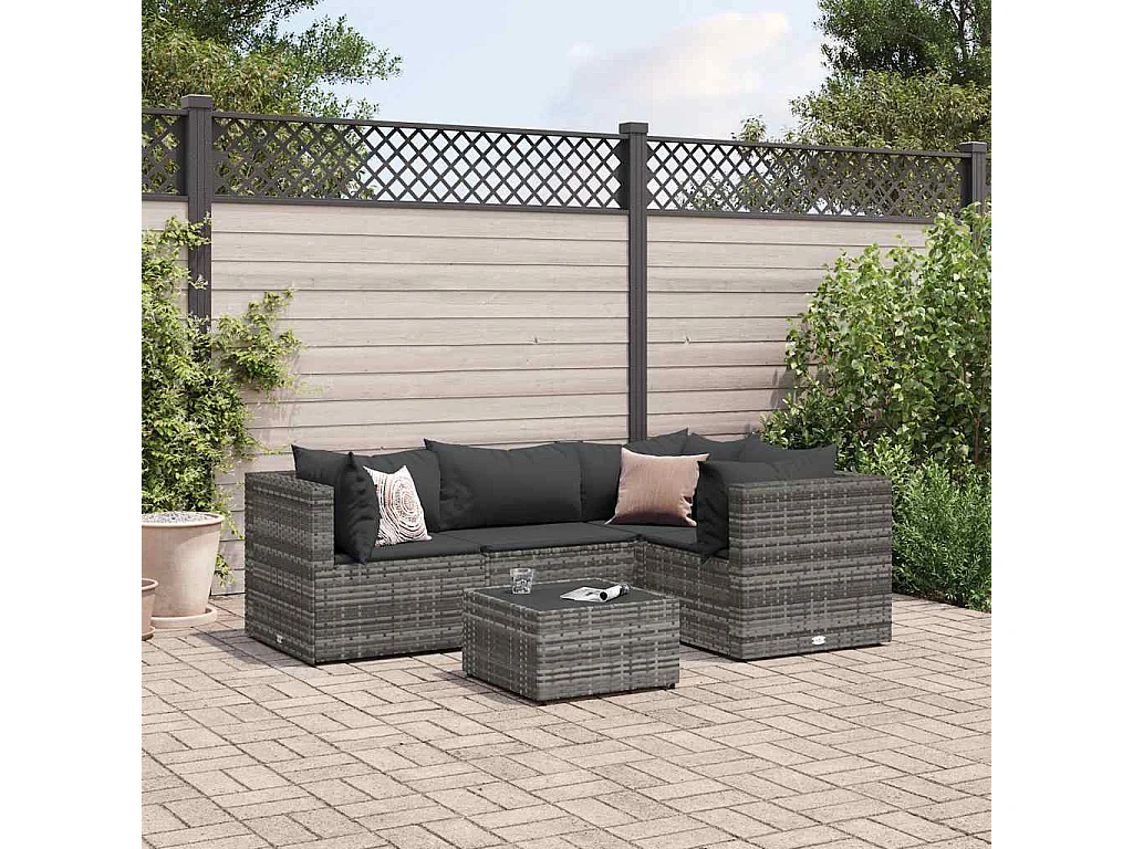 Salon de jardin 5 pièces avec coussins Gris Résine tressée