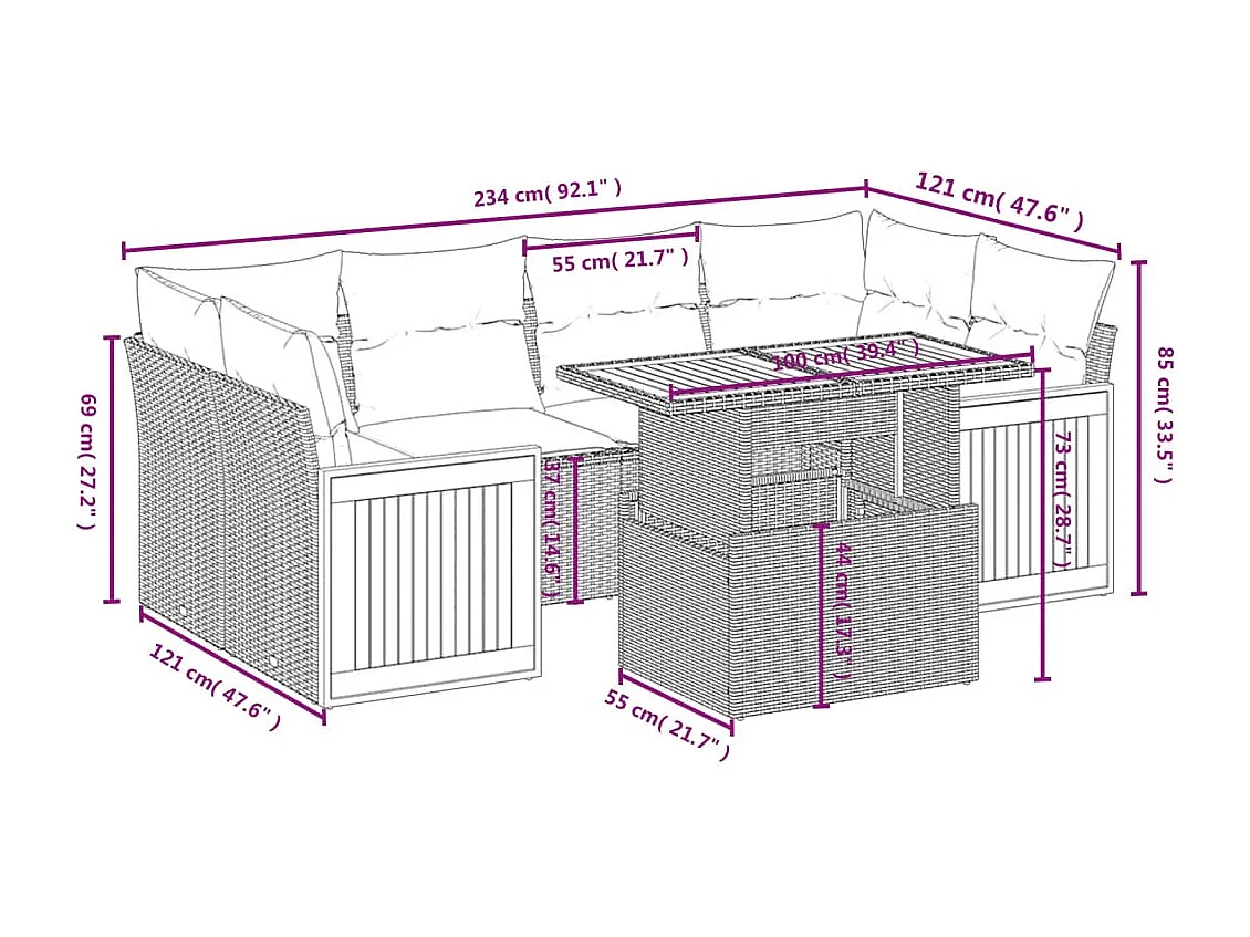 Salon de jardin avec coussins 7 pièces beige résine tressée