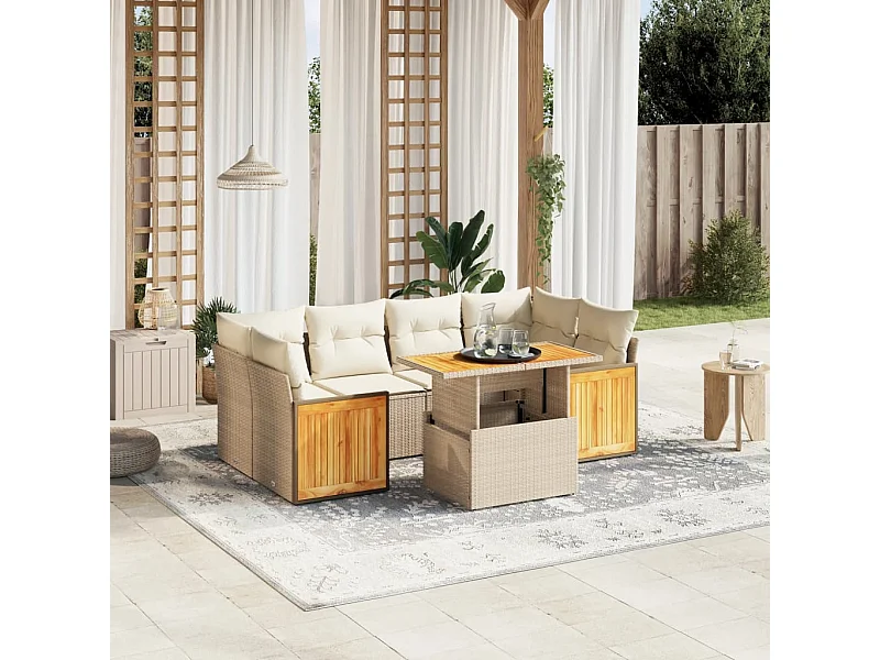 7 peças conjunto de sofás para jardim com almofadões vime PE bege