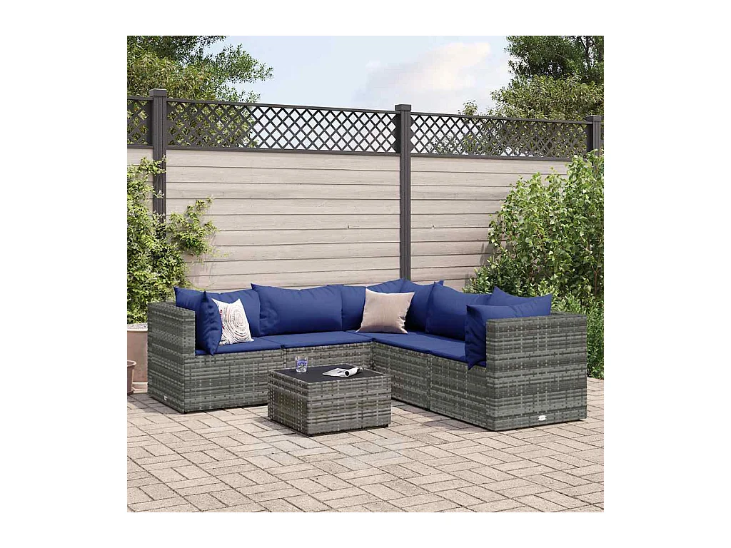 Salon de jardin 6 pièces avec coussins Gris Résine tressée