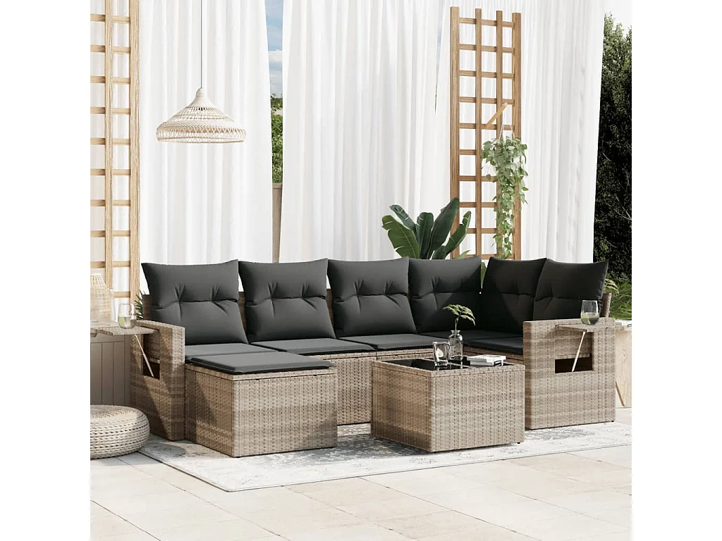 Set de sofás de jardín 7 piezas con cojines ratán PE gris claro