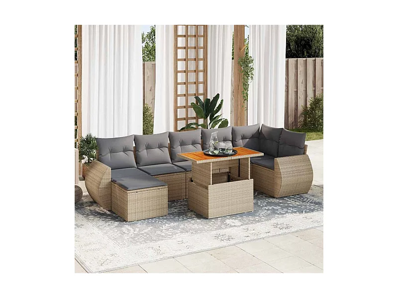 Salon de jardin avec coussins 8 pièces beige résine tressée