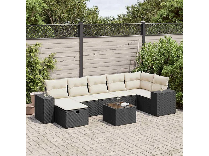 8 peças conjunto sofás de jardim com almofadões vime PE preto