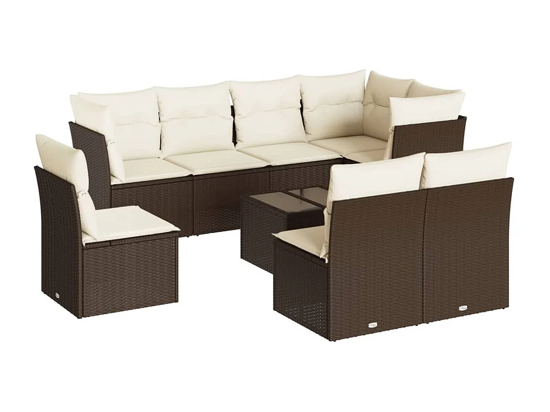 Set de sofás de jardín 9 piezas y cojines ratán sintético marrón
