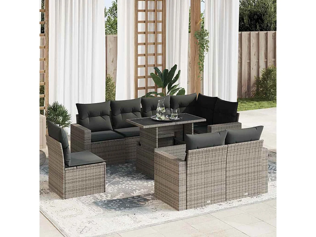9-delige Loungeset met kussens poly rattan grijs