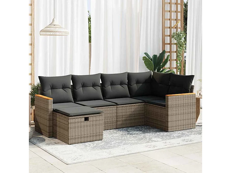 Salon de jardin 6 pièces avec coussins gris résine tressée