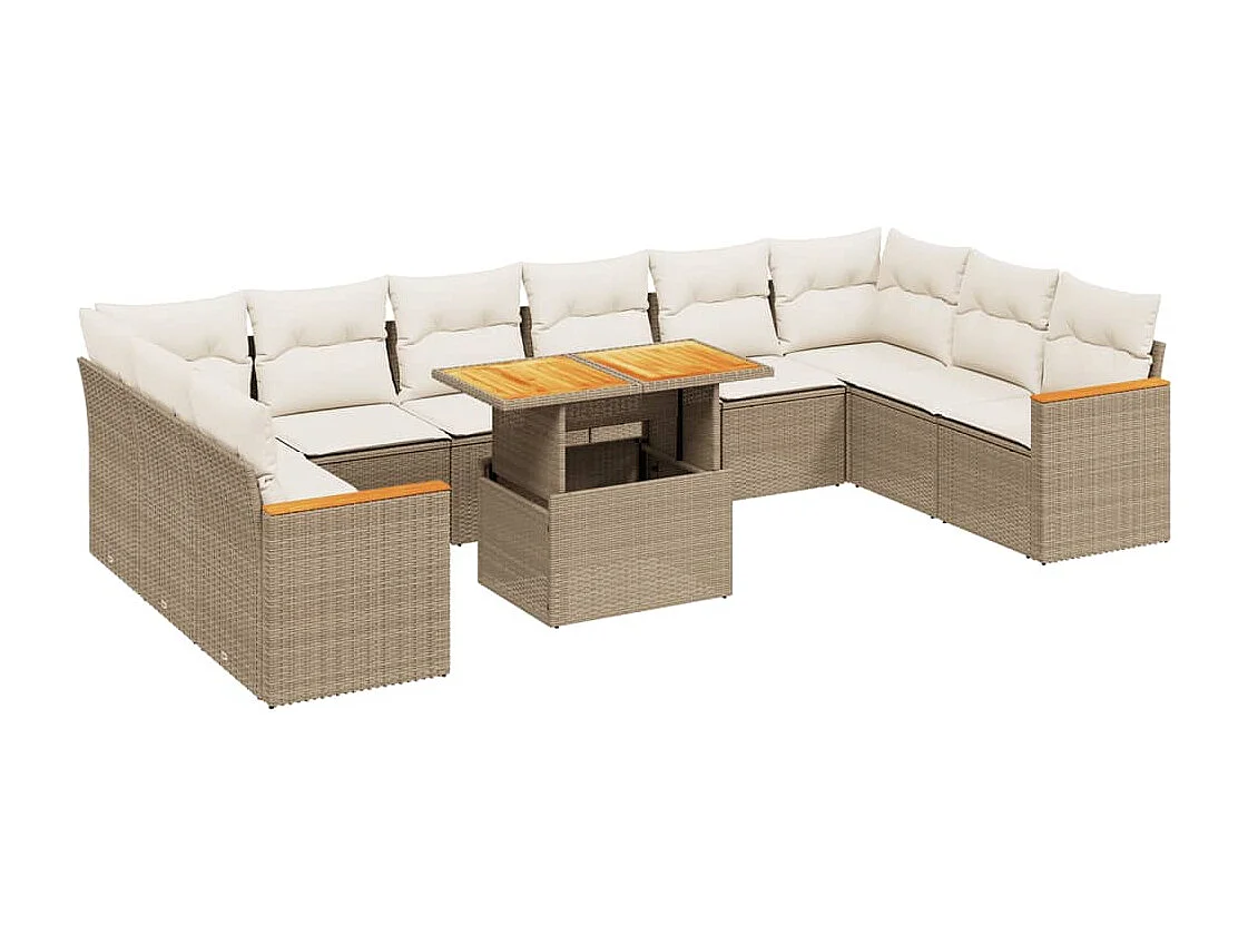 Set de sofás de jardín 11 piezas con cojines ratán sintético beige