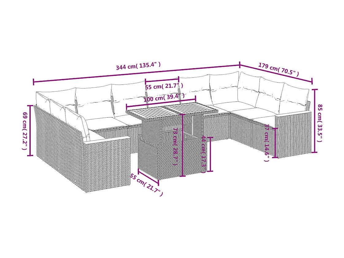 Set de sofás de jardín 11 piezas con cojines ratán sintético beige