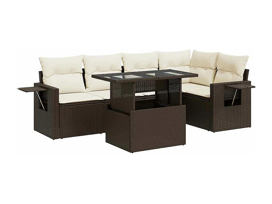 6-delige Loungeset met kussens poly rattan bruin