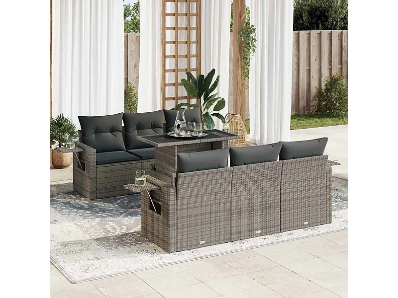 Set de sofás de jardín 7 piezas con cojines ratán sintético gris