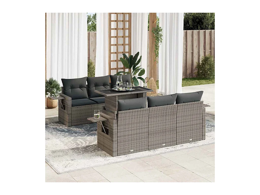 Salon de jardin avec coussins 7 pièces gris résine tressée