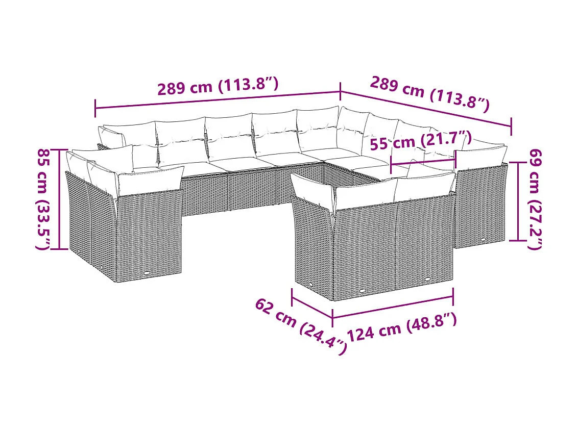 Set sofás de jardín con cojines 13 piezas ratán sintético gris