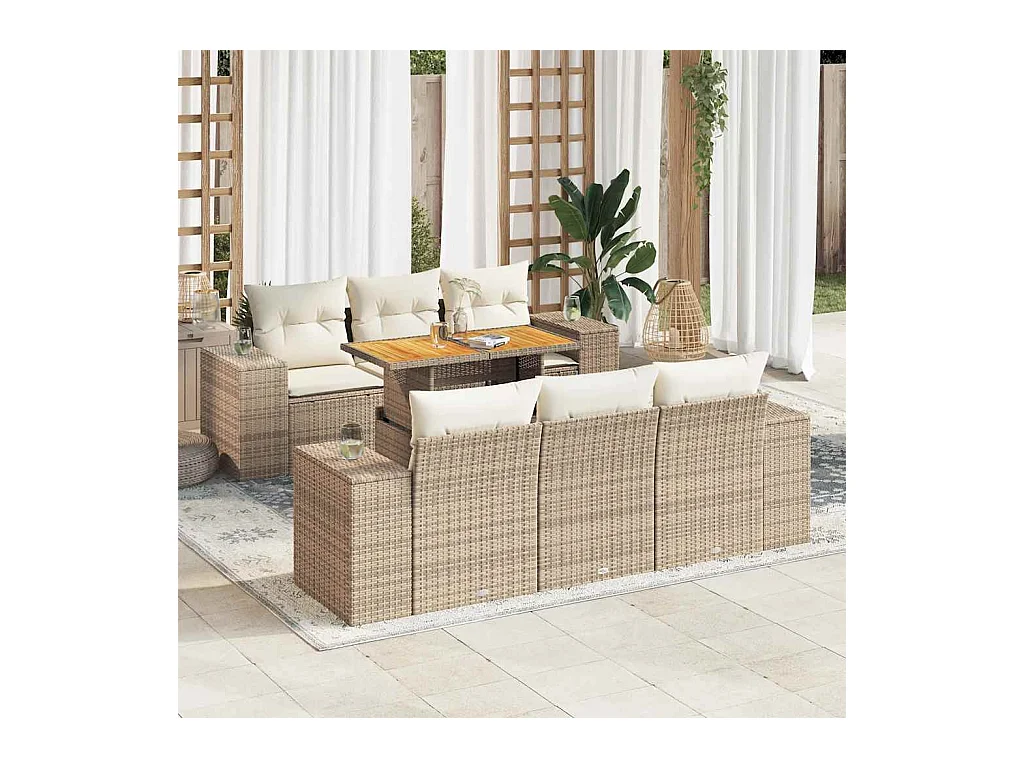 7-delige Loungeset met kussens poly rattan beige