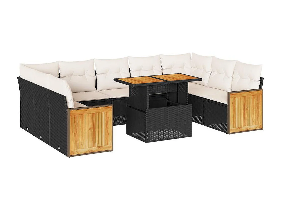 10 peças conjunto sofás jardim com almofadões vime PE/acácia preto