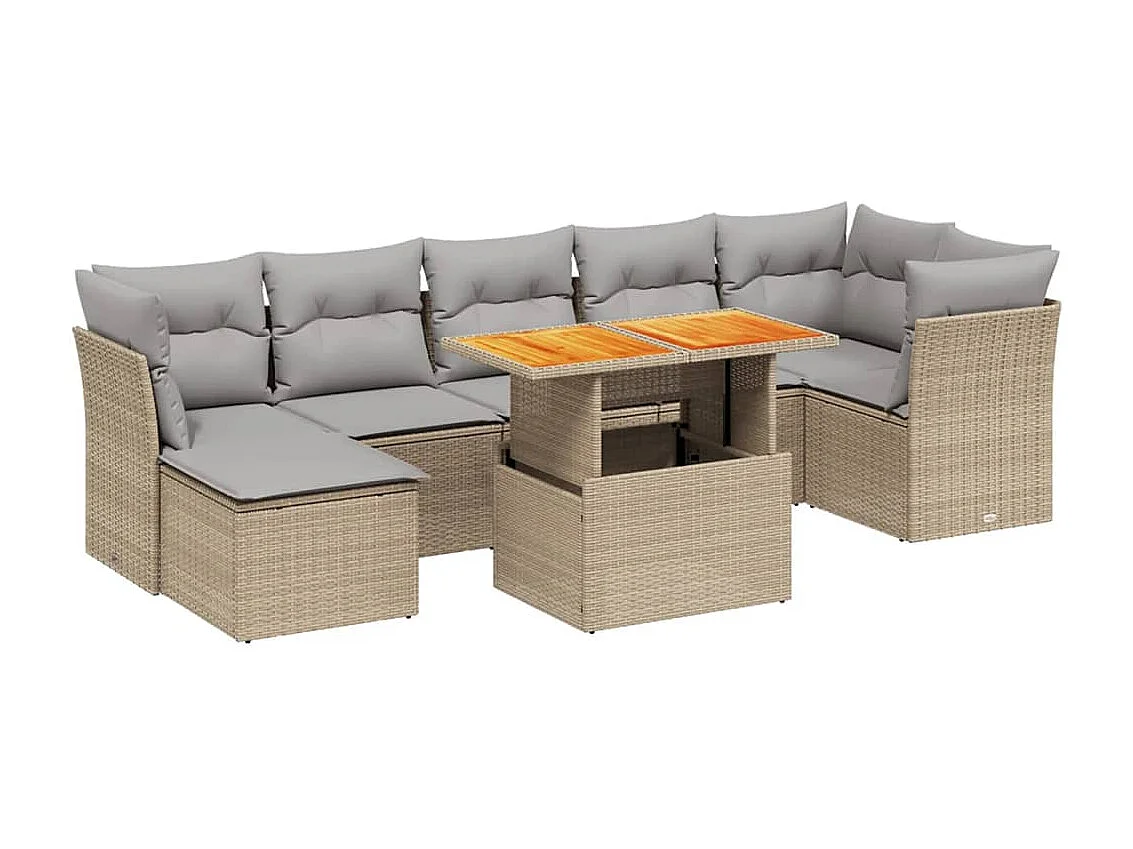 8 peças conjunto de sofás para jardim com almofadões vime PE bege