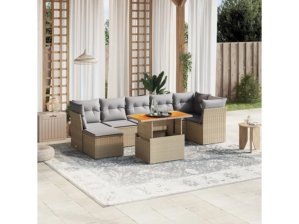 8-delige Loungeset met kussens poly rattan beige