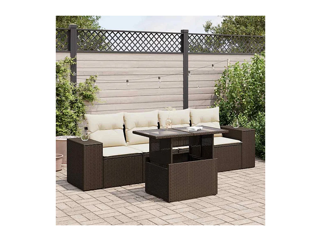 Salon de jardin avec coussins 5 pièces marron résine tressée