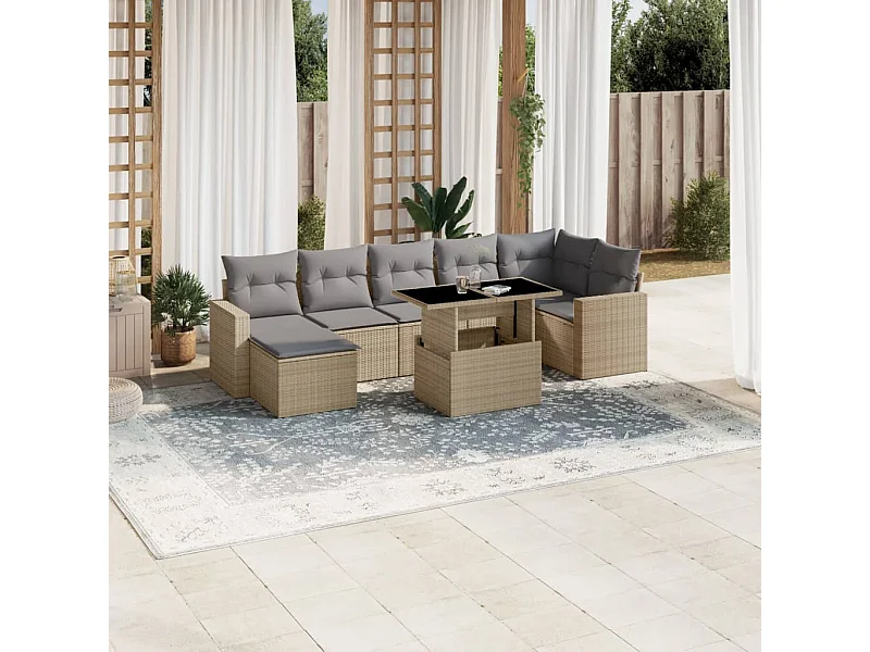 8 peças conjunto de sofás para jardim com almofadões vime PE bege