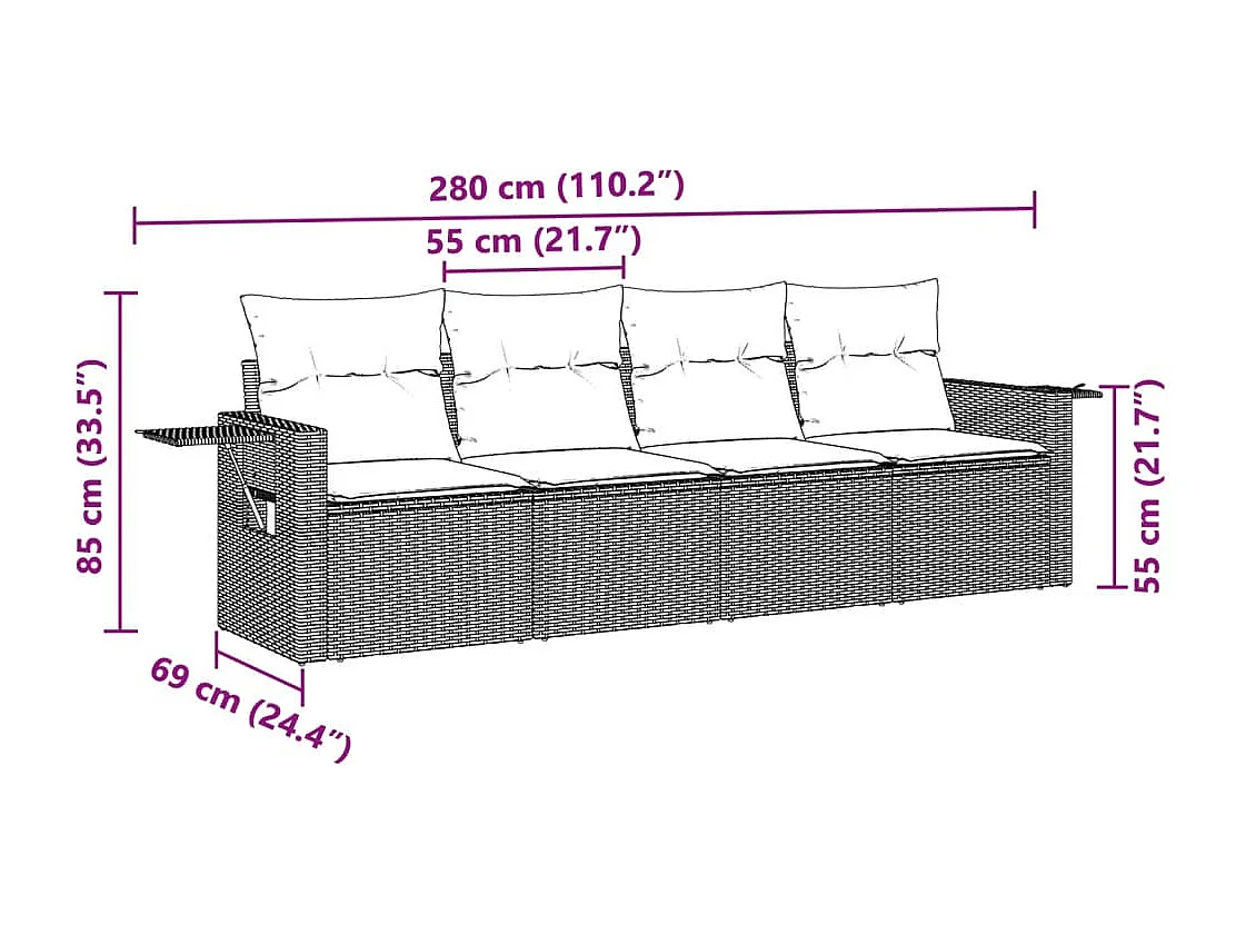 4-delige Loungeset met kussens poly rattan lichtgrijs