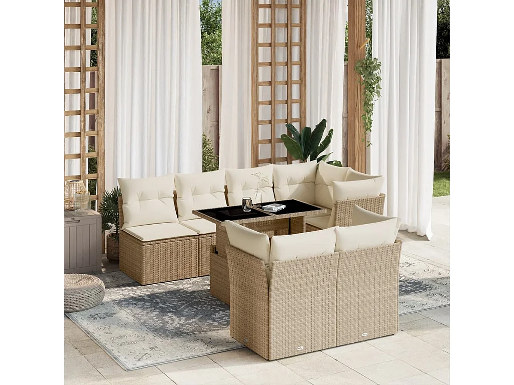 Salon de jardin avec coussins 8 pièces beige résine tressée