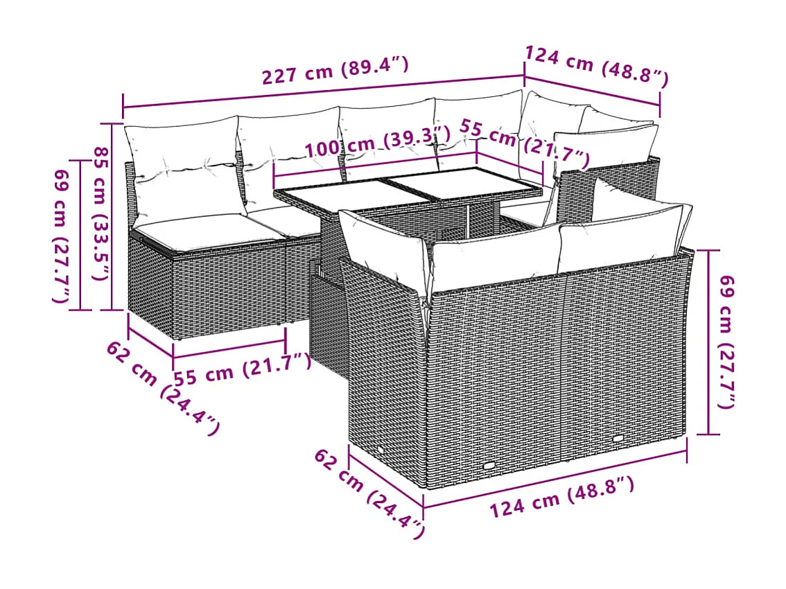 Salon de jardin avec coussins 8 pièces beige résine tressée