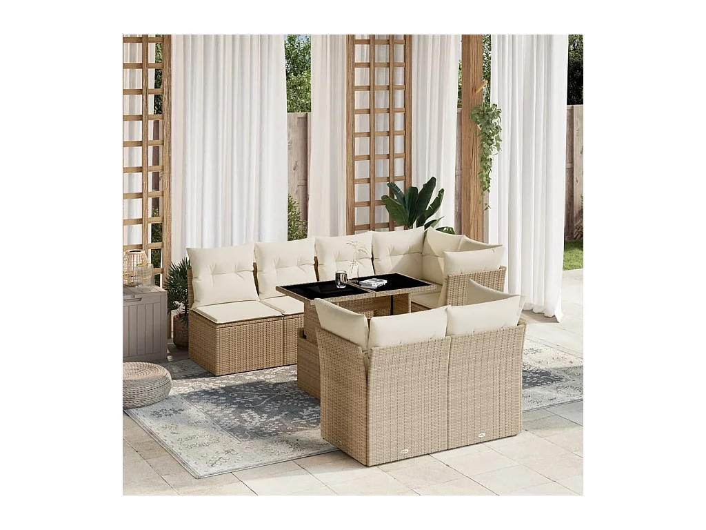8-delige Loungeset met kussens poly rattan beige