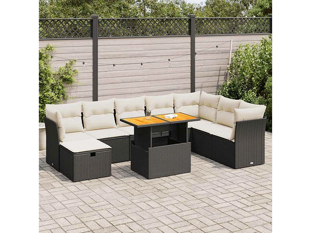 9-delige Loungeset met kussens poly rattan acacia zwart