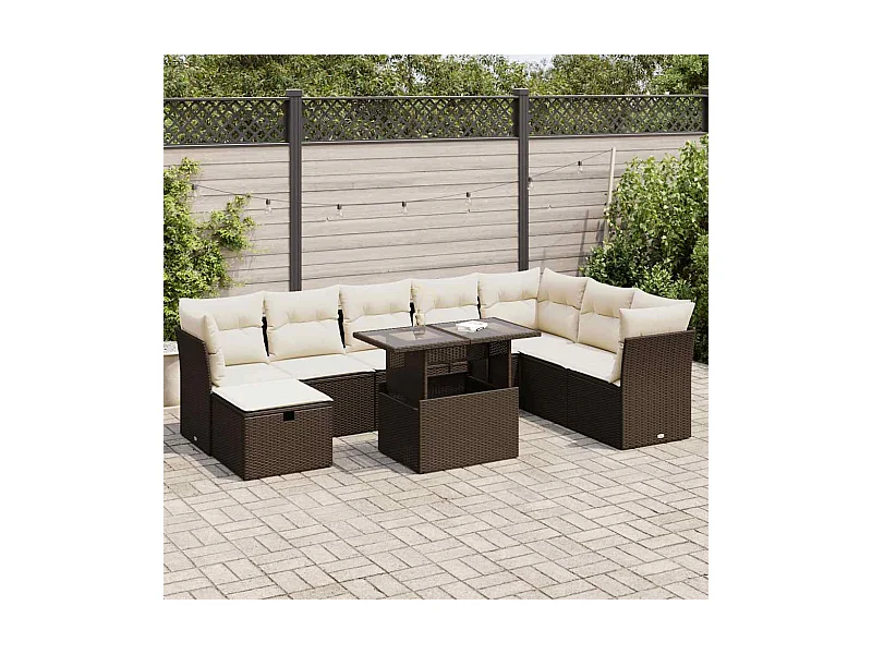 Salon de jardin avec coussins 9 pièces marron résine tressée