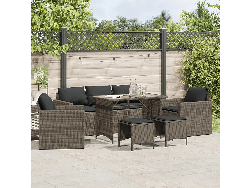 Salon de jardin 6 pièces avec coussins gris résine tressée