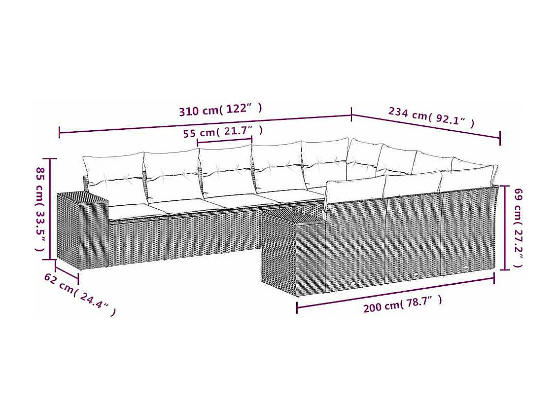 Set de sofás de jardín 10 piezas y cojines ratán sintético marrón