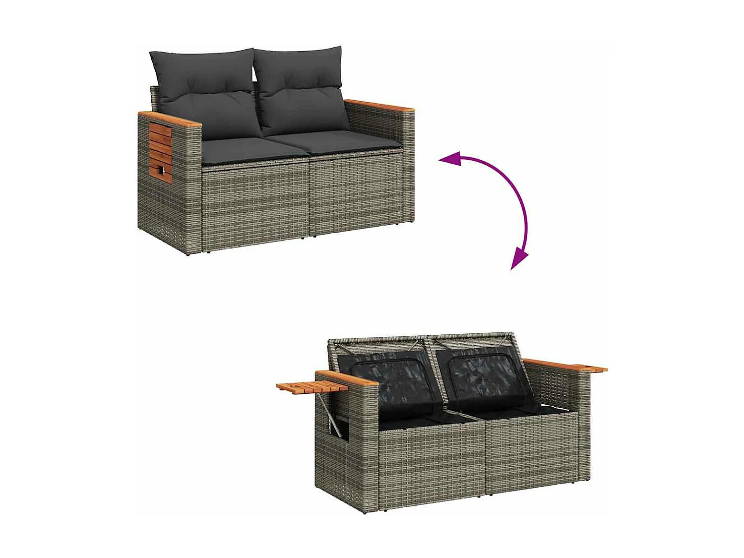 7-delige Loungeset met kussens poly rattan acacia grijs