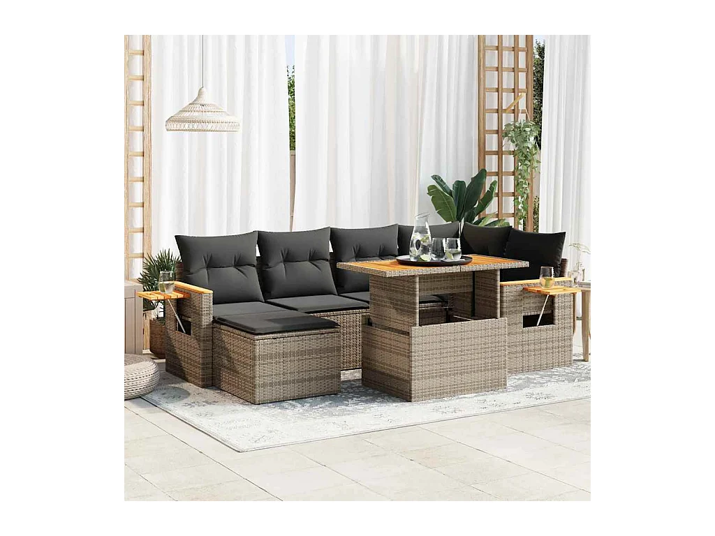 7 peças conjunto sofás jardim almofadões vime PE/acácia cinzento