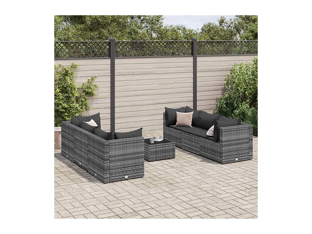 Set de muebles de jardín 7 piezas y cojines ratán sintético gris