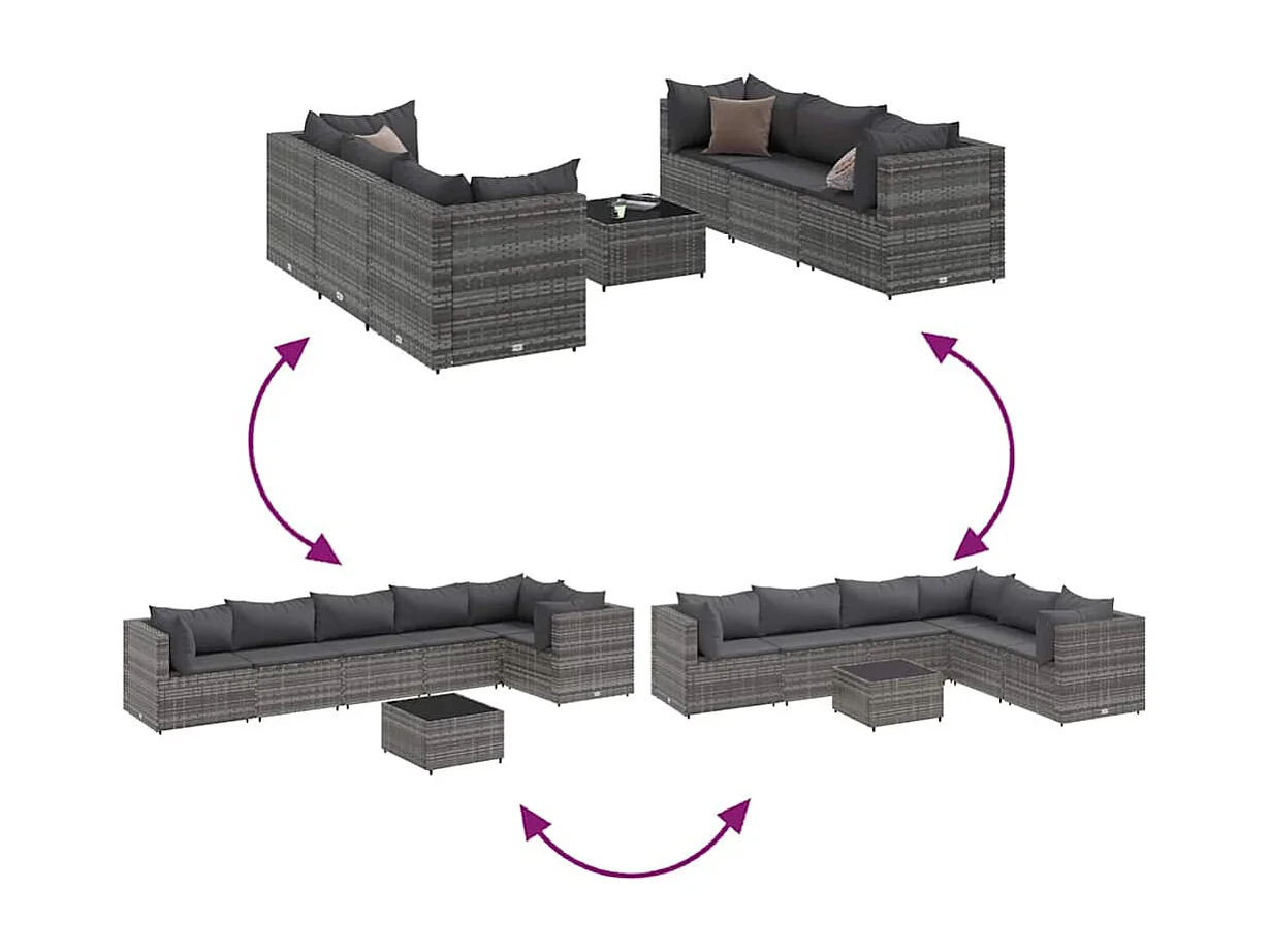7-delige Loungeset met kussens poly rattan grijs
