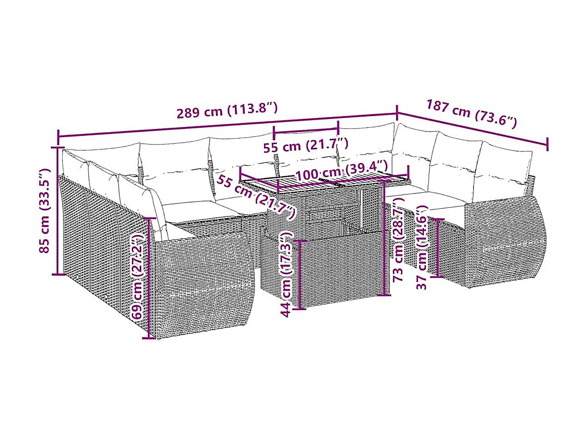Salon de jardin avec coussins 10 pièces beige résine tressée