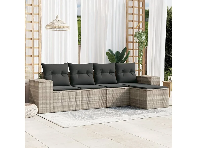 5-delige Loungeset met kussens poly rattan lichtgrijs