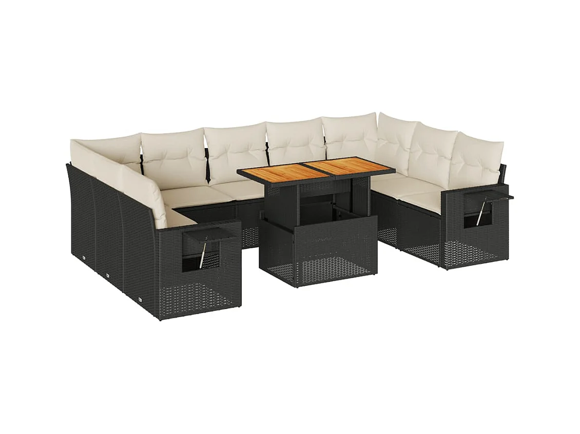 Salon de jardin 10 pièces avec coussins noir résine tressée