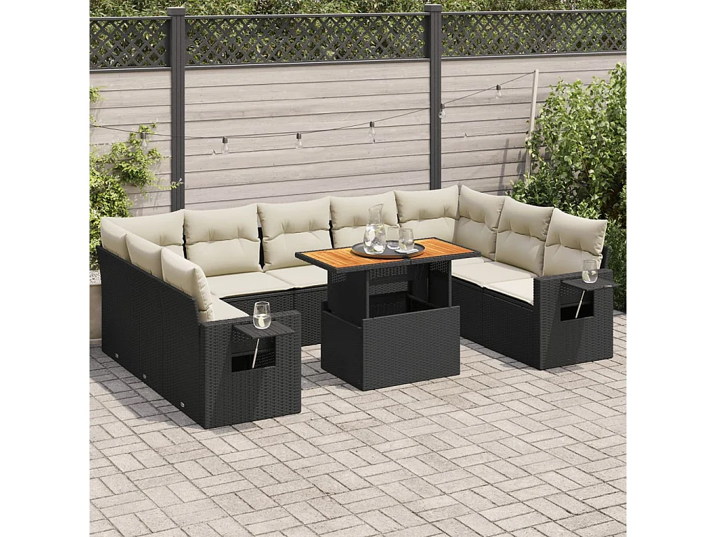 10-delige Loungeset met kussens poly rattan zwart